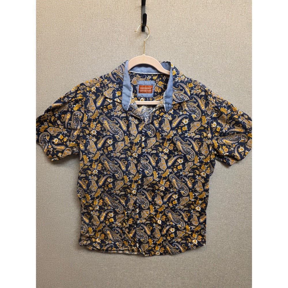 Consequence‎ Mens Paisley Floral Button Down Shirt Navy Tobacco Yellow Large L